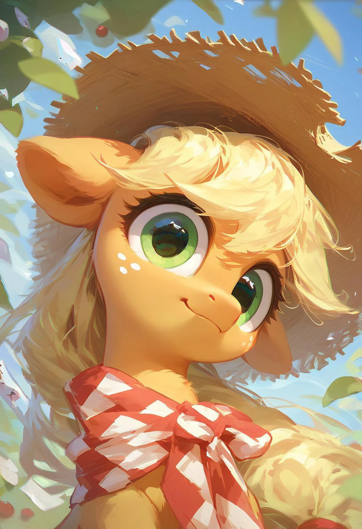 score_9, score_8_up, score_7_up, score_6_up, score_5_up, ( flat colored: 1.2), fluffy body, (2d style:0.8), ssr_card, ssr_background, mare, Earth pony ,Apple Jack, Straw hat, solo, focus to face,