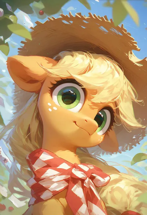 score_9, score_8_up, score_7_up, score_6_up, score_5_up, ( flat colored: 1.2), fluffy body, (2d style:0.8), ssr_card, ssr_background, mare, Earth pony ,Apple Jack, Straw hat, solo, focus to face,