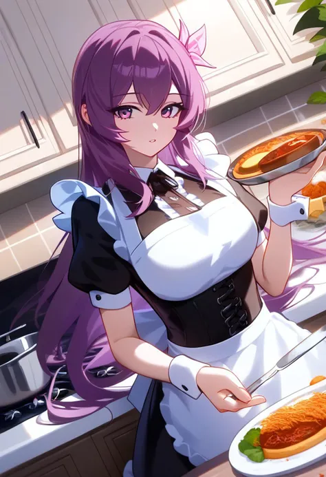 1girl, solo, ctiankisa, perfecteyes, long hair, looking at viewer, parted lips, high resolution, white apron, apron, short sleeves, corset, waitress, wrist cuffs, black dress, frills, maid, kitchen, food, cooking, dutch angle, cinematic, <lora:naipony_v3:1>