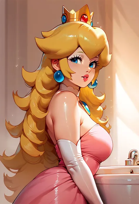 score_9, score_8_up, score_7_up,shiny skin,elegant woman, atheltic body,hourglass body, Princess Peach, long hair, loose hair, beautiful eyes, perfect eyes, good lighting, looking away from viewer, standing in a bathroom, pink dress, elbow gloves, crown