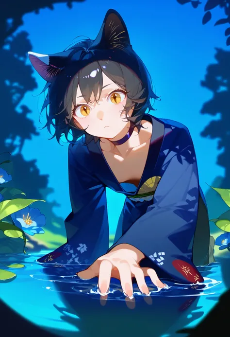 score_9,score_8_up,score_7_up,score_6_up, source_anime,
izutsumi, 1girl, animal ears, solo, cat ears, cat tail, black hair, short hair, yellow eyes, hand up, body fur, blue flower, choker, fingernails, dungeon meshi, closed mouth, furry, long sleeves, collarbone, japanese clothes, cat girl, kimono, nape,
claws, off shoulder,
from below,
all fours, closeup, extended downblouse ,
depth of field, blurry, foreshortening,
dappled moonlight, outdoors, stream, nature, scenery, moonlight, night sky, kimono, leaf, nape, lake, partially submerged, reflective water, bioluminescence,
masterpiece, best quality, very aesthetic, absurdres
<lora:dungeon_meshi_collection_v23:1>
<lora:cat_girl_pony_v21:0.4>
<lora:naip33:1>