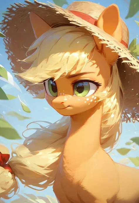 score_9, score_8_up, score_7_up, score_6_up, score_5_up, ( flat colored: 1.2), fluffy body, (2d style:0.8), ssr_card, ssr_background, mare, Earth pony ,Apple Jack, Straw hat, solo, focus to face,