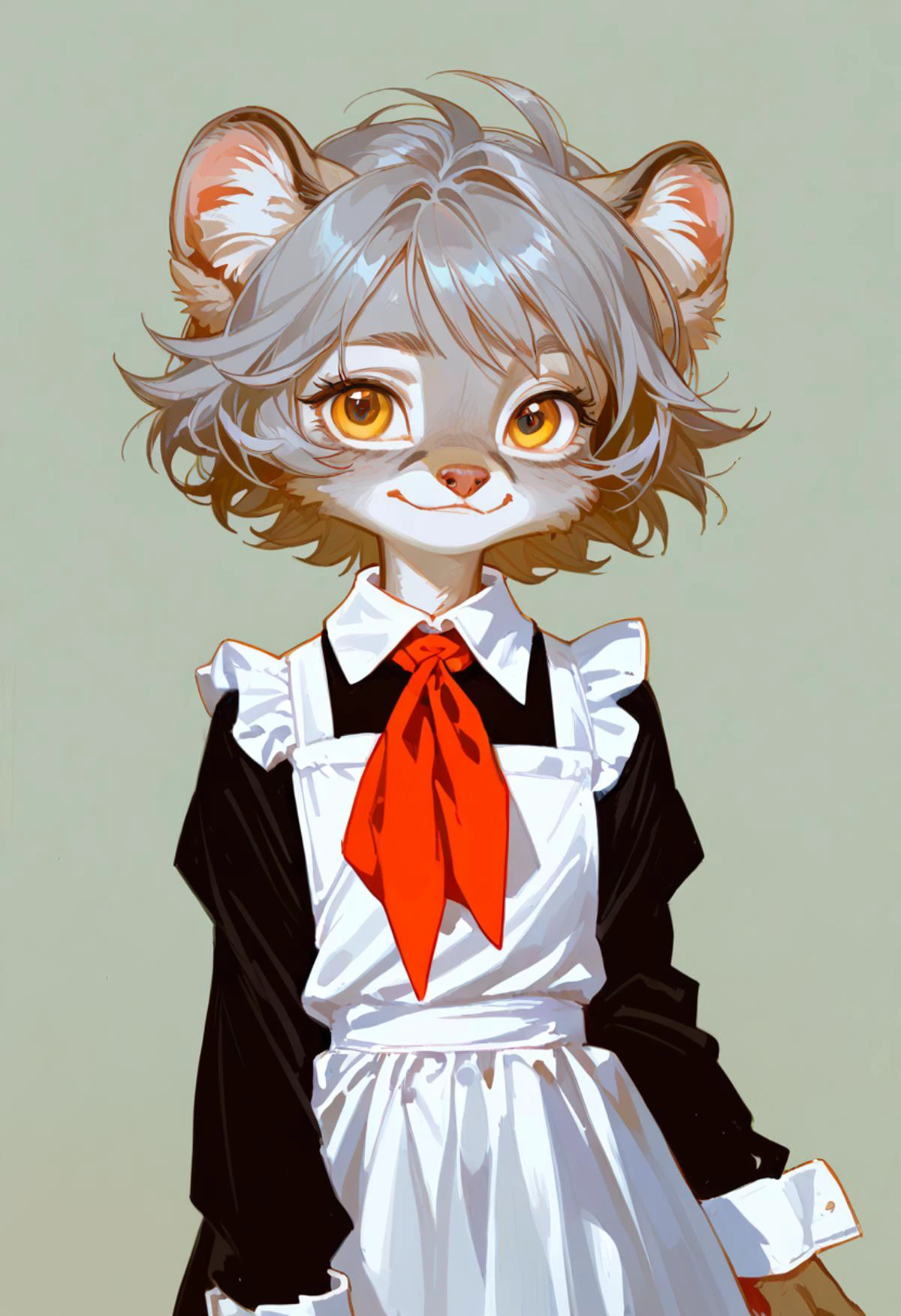 anthro manul girl,,golden eyes,black dress,white apron,white cuffs,white collar,(grey hair:1.1),light smile,
short hair,grey fur,paws,clean tools,red neckchief
<lora:Perfect Hands:1> <lora:æ°çå
ç²:1> <lora:fkey_pony_v1:0.5> <lora:naip33:1>, score_9, score_8_up, score_7_up, score_6_up, score_5_up, score_4_up,zPDXL