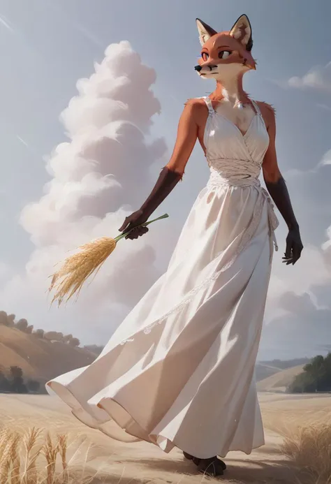 score_9, score_8_up, score_8, score_9, solo, upper body, orthogonal side view, full body, anthro, furry, (fox, vixen), girl, walking through wheat field like scene from Gladiator movie, hand on wheat, wearing hud_grcian_gdss, bare shoulders, white deep V neck long dress, white rope belt, fluffy fur, tuft. (athletic:1.4), volumetric lighting, cinematic lighting, (bashful:1.5), (Wheat Fields:1.3), small village in a distance, outside, cloudy, light rain,