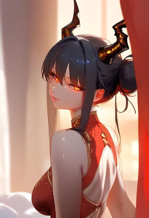 score_9, score_8_up,1woman,shiny skin,long black hair,red glowing eyes,dragon horns,wearing a red chinese dress,hourglass body,atheltic body,posing at an open window with curtains at night,sunset