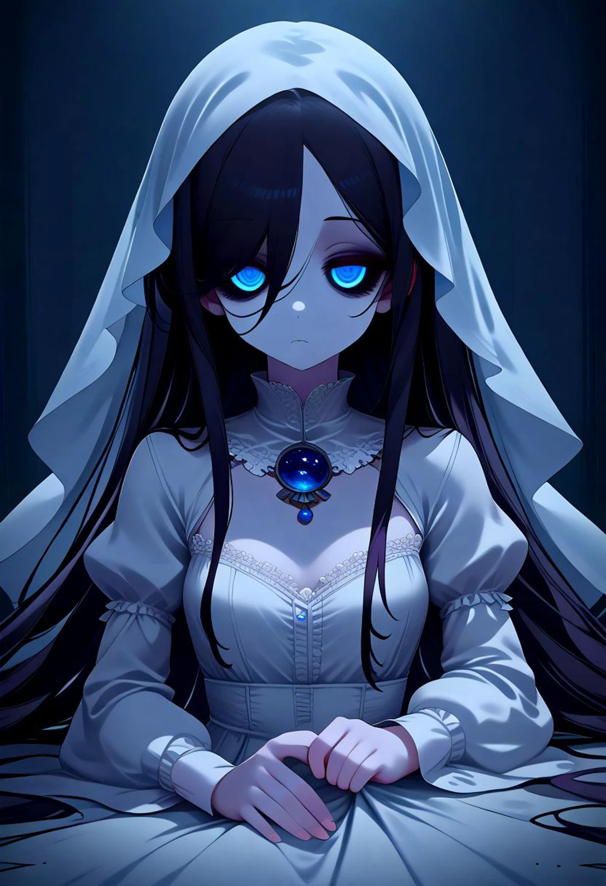 masterpiece, score_9, score_8_up, score_7_up, EasyNegative_v2,
(best quality:1.1),ultra-detailed, high resolution, super detailed skin, beautiful detailed eyes, nsfw, Brightly Lit, Highly Visible, 8k, sharp focus, beautiful, perfect lighting, beautiful eyes, anatomically correct, anatomically correct face, extremely detailed eyes, smooth edges, beautiful face, symmetrical eyes, symmetrical face,
1man, 1girl, cute ghost girl, (long hair, black hair, hair over one eye, blue eyes, blue lips, skinny girl:1.2), (colored skin, white skin:2.0), (white dress, long sleeves, juliet sleeves, veil:1.3), barefoot,
bright lighting, ghost house, abandoned mansion, (solo focus:1.5), Standing, Looking at viewer, (Angle from above:1.5),
(expressionless, half-closed eyes:1.3), (spooky, creepy, scary:1.1), (shadowed face:1.5),