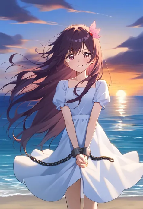 1girl, solo, ctiankisa, perfecteyes, long hair, looking at viewer, sad, tears, smile, parted lips, high resolution, white sundress, Chains on own hands, broken chains, Girl in chains, Shackles on own hands, cloudy, sunrise, cinematic, open field background, skirt lift, sea, water, <lora:naipony_v3:1>