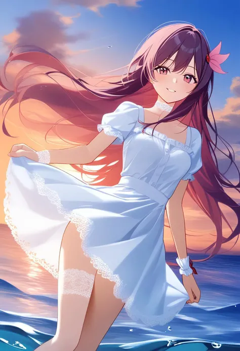 1girl, solo, ctiankisa, perfecteyes, long hair, looking at viewer, smile, parted lips, high resolution, white sundress, short sleeves, lace trim, white choker, lace cuff wristbands, garter, white lace stockings, cloudy, sunrise, cinematic, open field background, skirt lift, sea, water, <lora:naipony_v3:1>