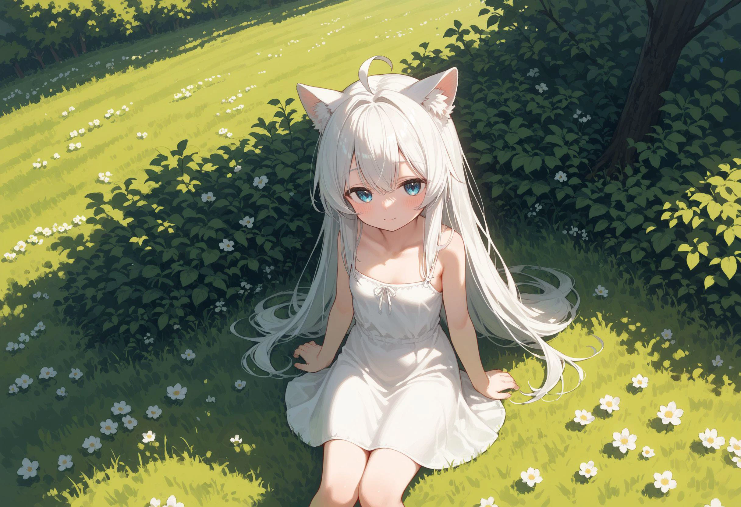 score_9,score_8_up,score_7_up, 1girl, small breasts, animal ears, white hair, white dress, long hair, upper body, blue eyes, blush, straight hair , ahoge, full body, outdoors, (half-closed eyes:0.8), closed mouth, barefoot, light smile, field, 1 tree, sitting, solo, Hill, from above, looking at viewer,
<lora:pytorch_lora_weights:1> <lora:naipf:1>
