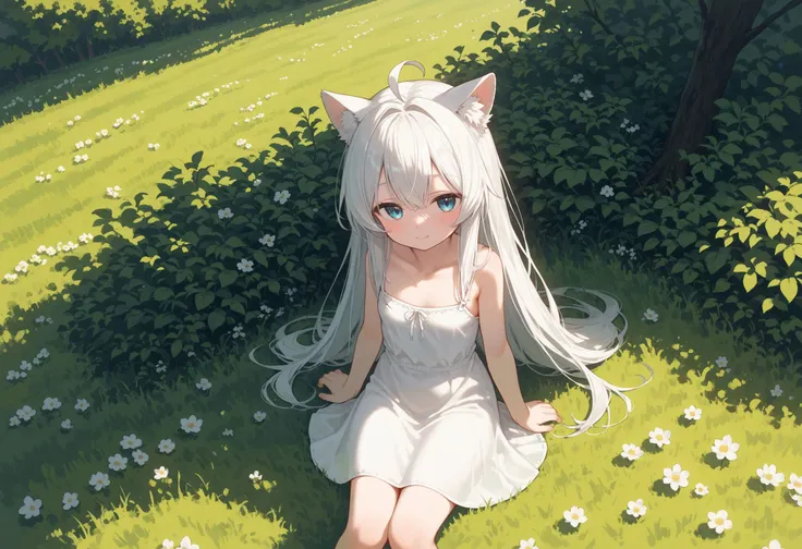 score_9,score_8_up,score_7_up, 1girl, small breasts, animal ears, white hair, white dress, long hair, upper body, blue eyes, blush, straight hair , ahoge, full body, outdoors,  (half-closed eyes:0.8), closed mouth, barefoot, light smile,  field, 1 tree, sitting, solo, Hill, from above, looking at viewer, 
 <lora:pytorch_lora_weights:1> <lora:naipf:1>