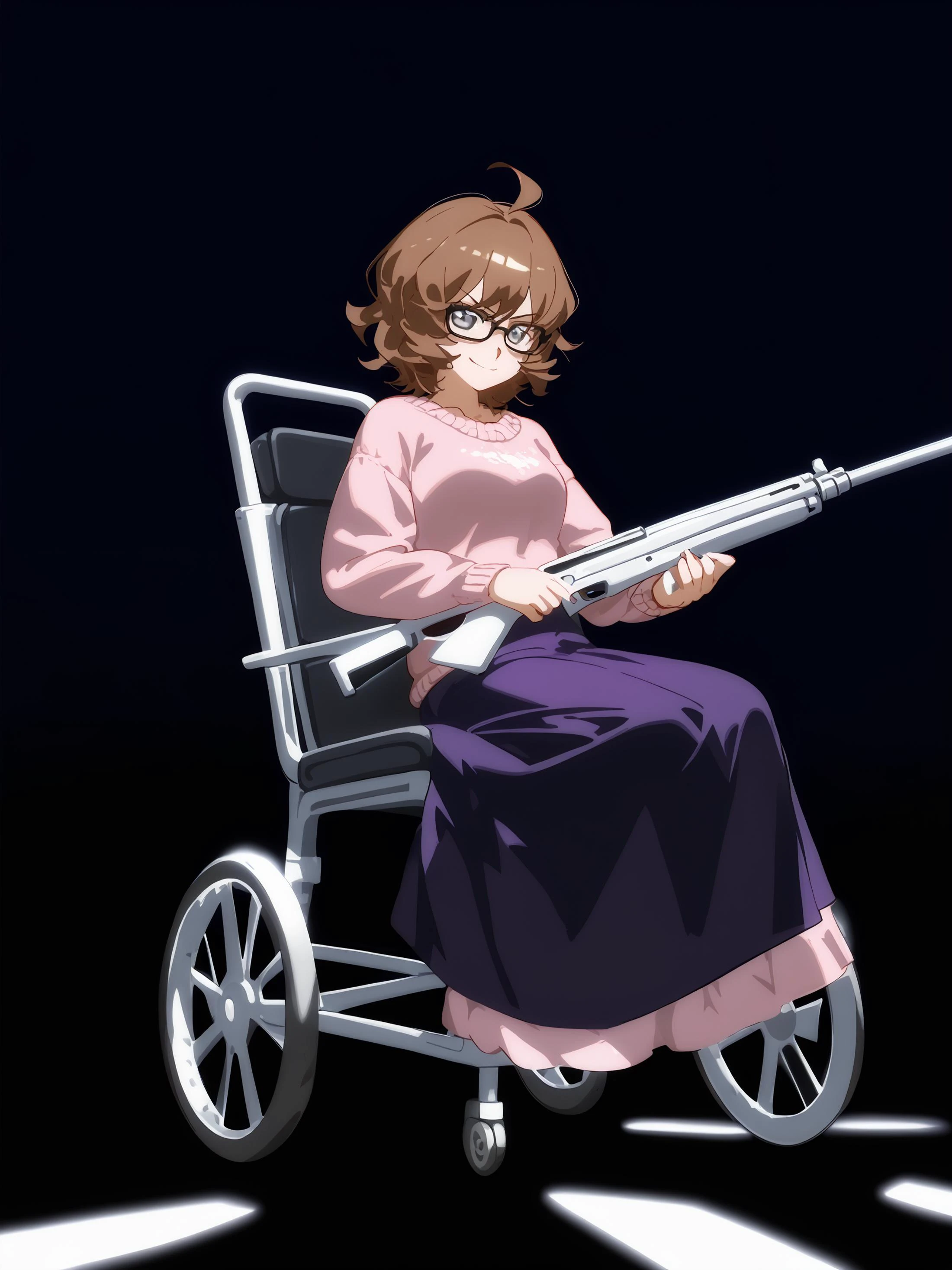 score_9,score_8_up,score_7_up,score_6_up,source_anime, shiny, shiny skin, <lora:naip:0.8>, theobrobineXL, <lora:Theobrobine_StyleXL370:0.8>, anime coloring, pixiv, <lora:tgm-xl-a3.1:1>,
BREAK 1girl, olivia funger, brown hair, short hair, black-framed eyewear, grey eyes, wavy hair, evil smile, BREAK sitting, wheelchair, holding shotgun, black camisole, pink sweater, sweater under shirt, purple skirt, long skirt, black loafers, BREAK black background, dynamic pose, dark,
japanese, ultra detailed, serious, best quality, amazing quality, very aesthetic, absurdres, masterpiece, best quality,spotlight,masterpiece, best quality, high quality, highres, absurdres, caustics, offcial art, anime screencap,