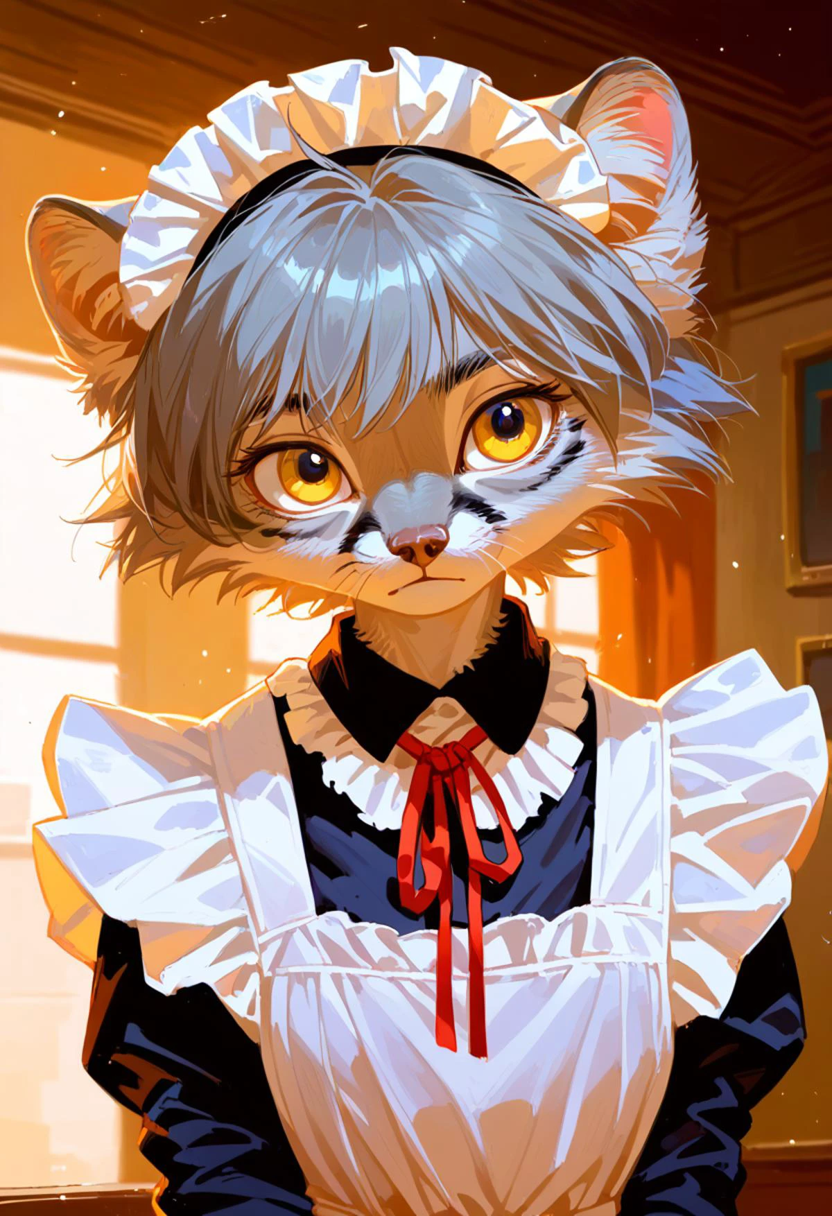 anthro manul girl,,golden eyes,maid outfit,(grey hair:1.1),short hair,portrait, indoors,grey fur,
<lora:Perfect Hands:1> <lora:æ°çå
ç²:1> <lora:fkey_pony_v1:0.5> <lora:naip33:1>, score_9, score_8_up, score_7_up, score_6_up, score_5_up, score_4_up,zPDXL