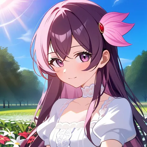 masterpiecek source_anime, perfectly detailed face and body and eye, 1girl, solo, ctiankisa, long hair, looking at viewer, high resolution, white dress, short sleeves, lace trim, white choker, lace cuff wristbands on both hands, garter, white lace stockings, cinematic, sunny, palace garden, flower field, sun rays, <lora:naipony_v3:1>