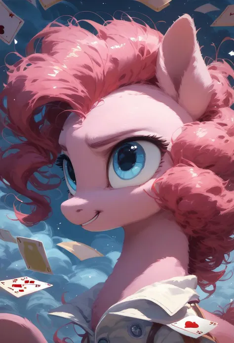 score_9, score_8_up, score_7_up, score_6_up, score_5_up, ( flat colored: 1.2), fluffy body, (2d style:0.8), ssr_card, ssr_background, mare, Earth pony Pinkie Pie, solo, focus to face,