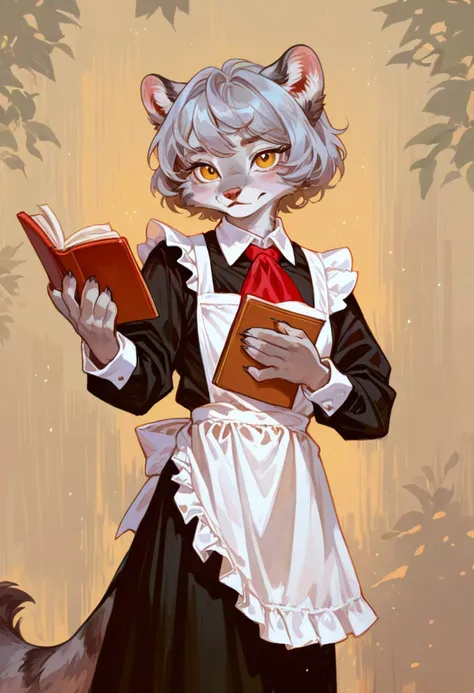 anthro manul girl,golden eyes,black dress,white apron,white cuffs,white collar,(grey hair:1.1)
short hair,grey fur,paws,,red neckchief,looking at viewer, holding books
<lora:Perfect Hands:1>    <lora:æ°çåç²:1>  <lora:fkey_pony_v1:0.5> <lora:naip33:0.5>, score_9, score_8_up, score_7_up, score_6_up, score_5_up, score_4_up,zPDXL