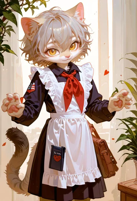 (anthro manul cat girl:1.3),golden eyes,grey hair,hair between eyes,paws,heart_pose
cccpuniform,white  apron,brown dress,red neckchief,looking at viewer, 
<lora:Perfect Hands:1><lora:naip33:0.8> <lora:fkey_pony_v1:0.5>
<lora:æ°çåç²:0.6>   <lora:age_slider_v4:-3>  <lora:èå¼æ ¡æ:0.7>, score_9, score_8_up, score_7_up, score_6_up, score_5_up, score_4_up,zPDXL