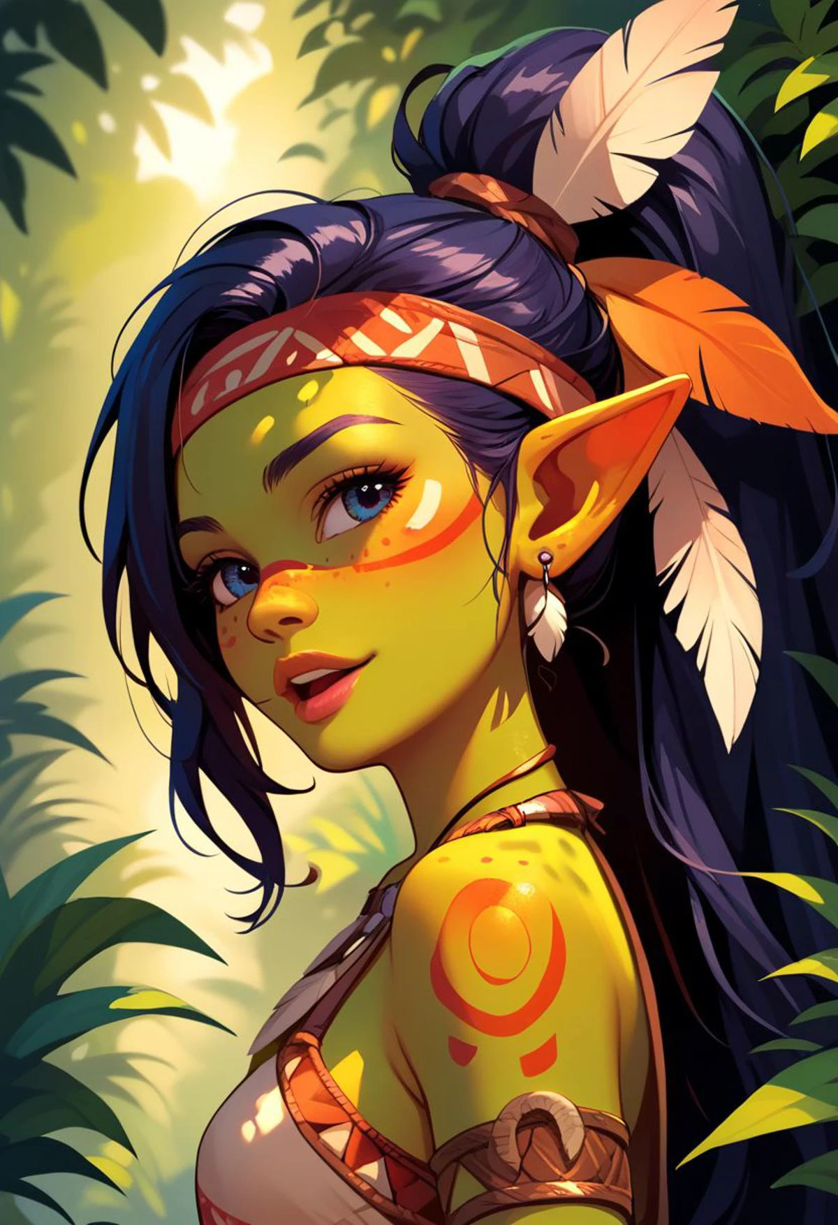 score_9, score_8_up, score_7_up, score_6_up, score_5_up, score_4_up, 1 girl, solo, cute, (short:1.2), small body, (shortstack:1.1), goblin, tribal clothing, chibi, hair ornament, jungle, high angle, looking at viewer, tribal body paint, feather neckwear, headband, close-up, head tilt, headshot portrait, side view, mouth open
official art, masterpiece, source_painted_concept_art
BREAK