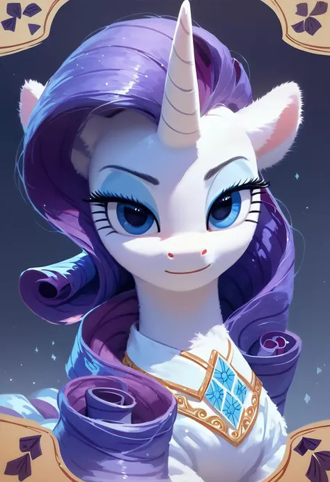 score_9, score_8_up, score_7_up, score_6_up, score_5_up, ( flat colored: 1.2), fluffy body, (2d style:0.8), ssr_card, ssr_background, mare, Unicorn, Rarity, dress, solo, focus to face,