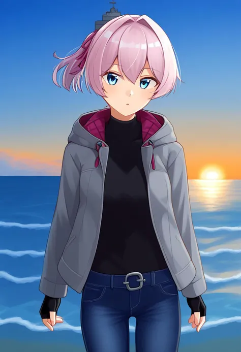 1girl, solo, high resolution, looking at viewer
perfecteyes, dark blue jeans, black gloves, blue eyes, fingerless gloves, gloves, kantai collection, pink hair, ponytail, ribbon, grey jacket, open jacket, hood, black shirt, denim, long sleeves, short hair,
BREAK
cloudy, sunrise, cinematic, open field background, sea, water, <lora:naipony_v3:1>