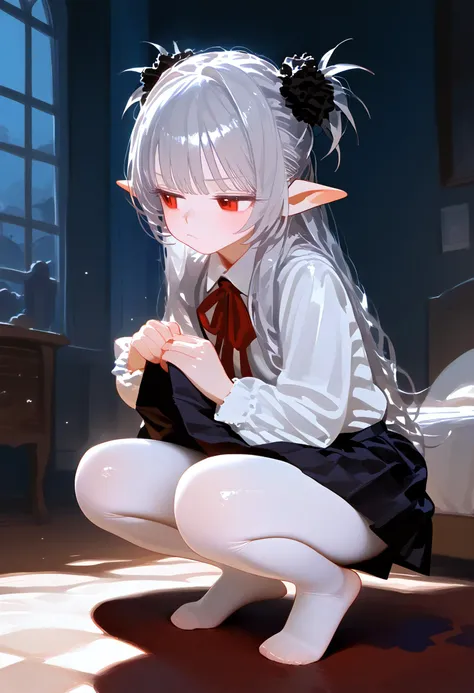 (score_9,score_8_up,score_7_up),
<lora:fkey_pony_v1:1>,<lora:naipf:1>,
detailed face,detailed hair,1girl,solo,((red eyes)),(elf ears),SMALL breasts,((long silver hair)),(((bangs))),(((((bunches))))),thick thighs,full body,white pantyhose,school uniform,bare foot,plump body,pale skin,white skin,shiny skin,oily skin,thick thighs,half-closed eyes,jitome,frown,fear kubrick,barefoot,
squatting,closed mouth,half-closed eyes,looking away,(((skirt lift))),
red and black,red bedroom,gothic bedroom,castle bedroom,darkness,dark theme,night,
oil painting,<lora:model_SDXL:1>,Cinematic Lighting,clear facial features,traditional media,depth of field,