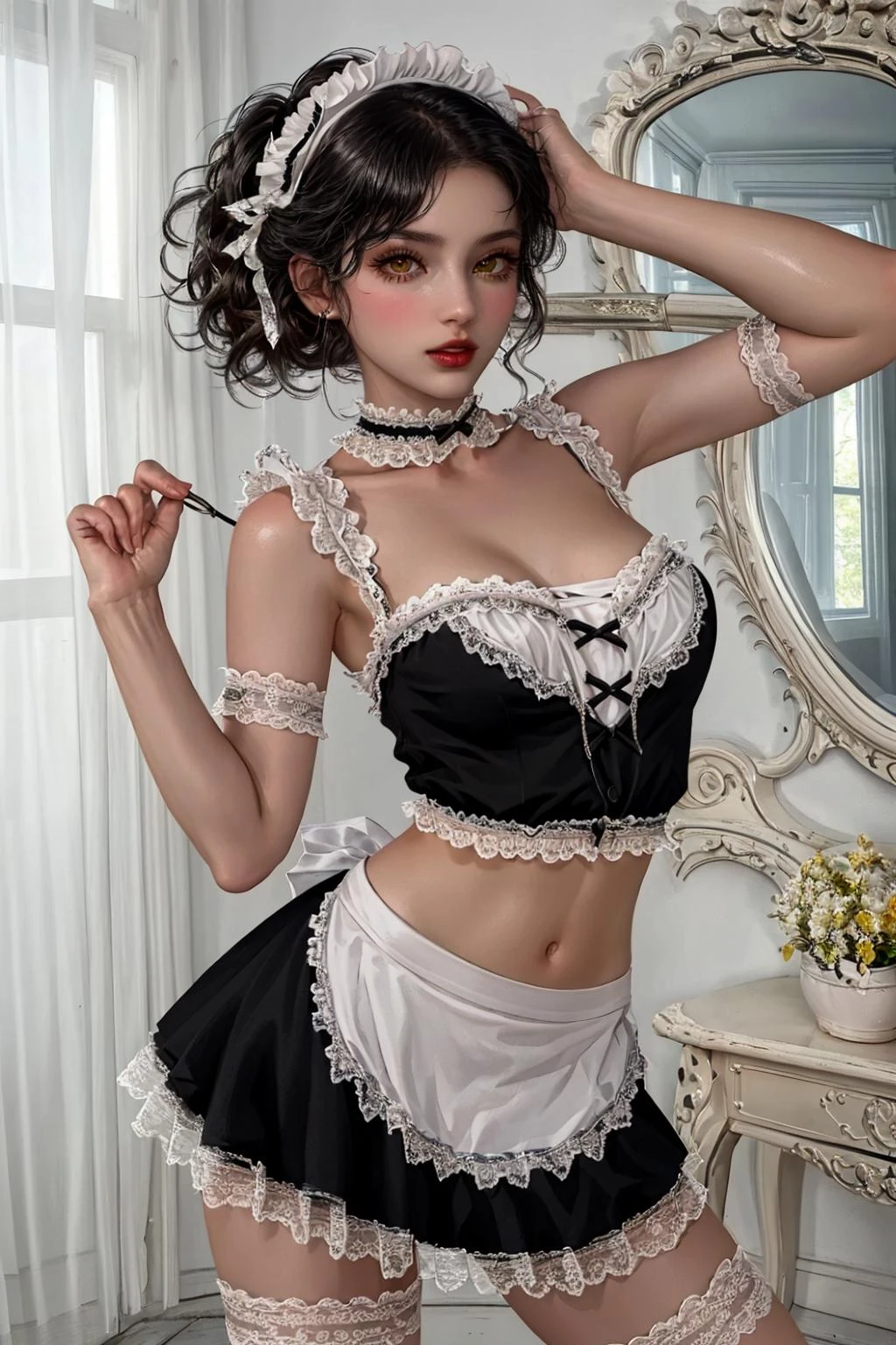 woman, adult, solo, skinny,
long black hair, yellow eyes, maid black top, maid black skirt,
sexy pose, (masterpiece), (high quality), (best quality), (detailed), hd, perfect lighting, detailed face, detailed body, <lora:Dress04:0.8>