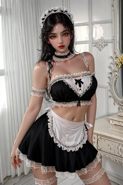 woman, Adult, alone, skinny,
Long black hair, Yellow Eyes, Maid Black Top, maid black skirt,
Sexy pose, (masterpiece), (high quality), (最high quality), (detailed), High resolution, Perfect lighting, detailed face, detailed body, 、((Sexy panties in full view:1.0))、((Spread your legs wide:1.5))