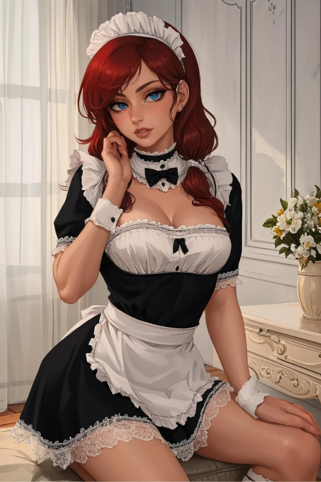 woman, adult, solo, skinny,
long red hair, blue eyes, maid black top, maid black skirt, sitting
sexy pose, (masterpiece), (high quality), (best quality), (detailed), hd, perfect lighting, detailed face, detailed body, <lora:Dress04:0.8>