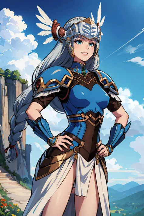 masterpiece, best quality, <lora:ValkyrieProfile_Lenneth:1> LennethVP, braid, single braid, blue armor, armored dress, winged helmet, pauldrons, gauntlets, cowboy shot, grin, hand on hip, sky, clouds, cliffs, blue sky