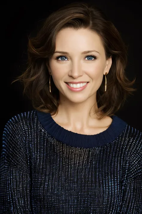 <lora:DanniiMinogueSD-000001:0.8> danniiminogue, looking at viewer, smile, medium wavy hair, dark hair, face, close-up, earrings, sweater, black background, realistic, make-up,lines, wrinkles, blue eyes