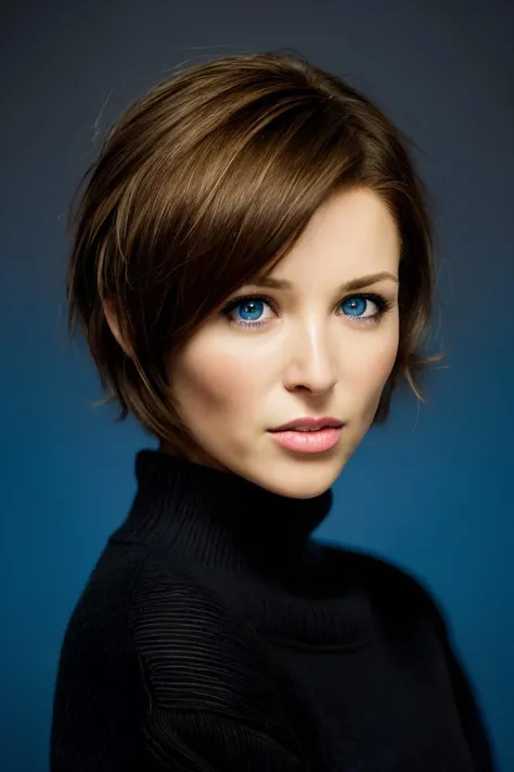 <lora:DanniiMinogueSD-000001:0.8> danniiminogue, looking at viewer, short hair, dark hair, face, sweater, black background, realistic, lines, wrinkles, blue eyes