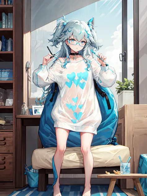 masterpiece, best quality, <lora:ptf6-3:1>, sleepwear, blue_hair, white_shirt, glasses,