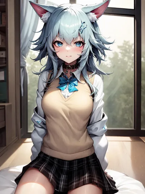 masterpiece, best quality, <lora:ptf6-3:1>, school_uniform, blue_hair, animal_ears,