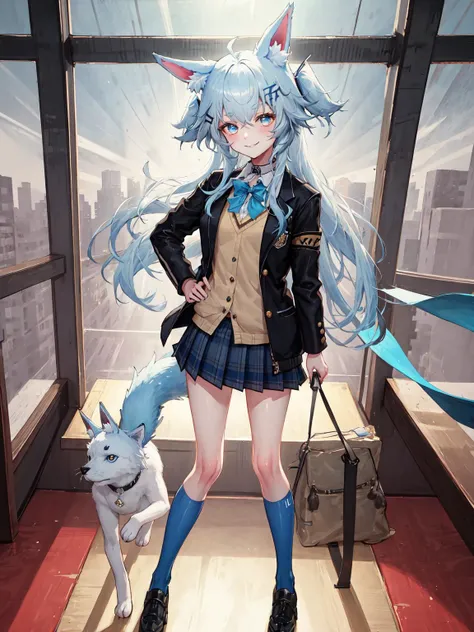 masterpiece, best quality, <lora:ptf6-3:1>, school_uniform, blue_hair, animal_ears, little smile,