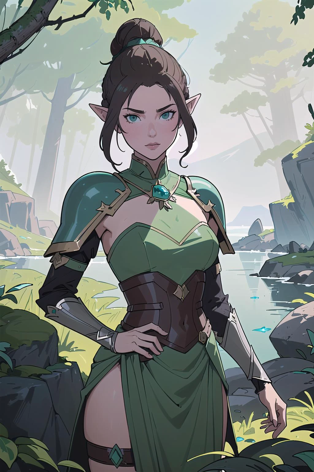 (masterpiece, best_quality, ultra-detailed, immaculate:1.3), epic, illustration, elf mountain desert warrior lord , sexy armor, brown hair, very long hair, full scorpion, in in the deep ocean, in a lush spring forest, bombshell hair, bright slate gray hair with sea green highlights, Flapper Bob,hair bun, __color_hair__, head down<lora:EnvyBeautyMix13-orig:1>