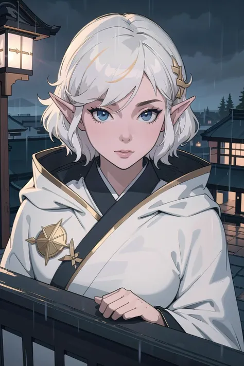 (masterpiece, best_quality, ultra-detailed, immaculate:1.3), epic, illustration, elf arctic ,ronin lord , , kimono,, hooded cloak,muted white hair, bombshell curly hair, , shuriken, rainy night, simple background, on the roof of a school, bombshell hair, vivid gold hair, Cascading Layers,short bombshell hair, __color_hair__, upside-down<lora:EnvyBeautyMix13-orig:1>
