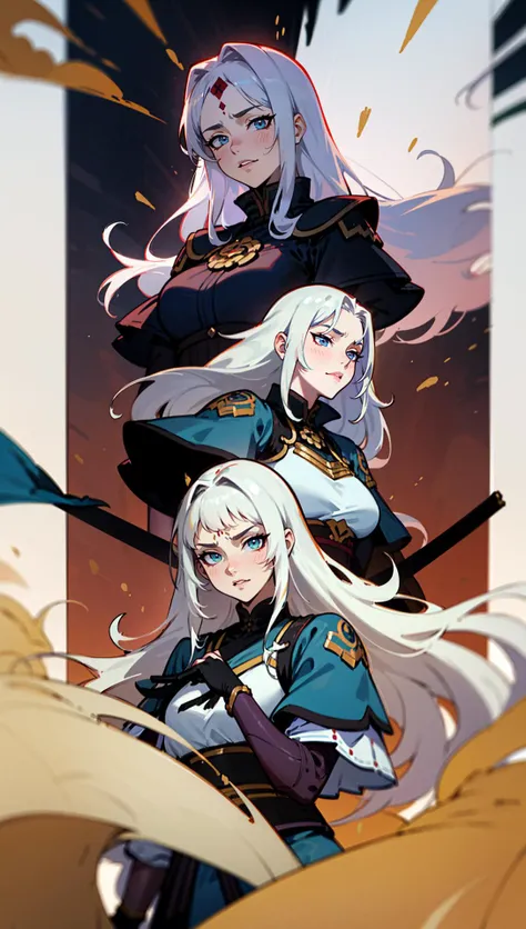 olga,long hair, white hair, armor, Olga is a Demigoddess and the second-in-command of the Seven Deities. Her Mantra Affinity is Lust. She was formerly one of the Eight Guardian Generals and former Guardian General of Lust, who served the Army of Shinkoku and the Emperor to fight against the Gohma.  <lora:EnvyBeautyMix13:1>