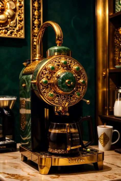 photo of an ornate (gold jade coffee machine), <lora:Clothing - Jade Armor:0.6>, cafe, realistic, masterpiece, intricate details, detailed background, depth of field