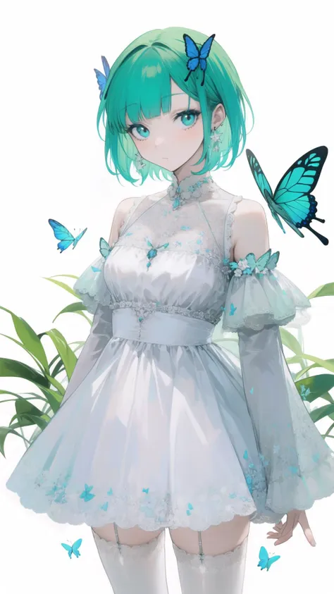 1girl, animal, anklet, aqua_hair, bangs, bird, blue_butterfly, bug, butterfly, butterfly_hair_ornament, butterfly_on_hand, butterfly_wings, closed_mouth, dragonfly, dress, earrings, frills, full_body, glowing_butterfly, green_hair, jewelry, leaf, long_sleeves, looking_at_viewer, plant, short_hair, solo, thighhighs, uruha_rushia, white_butterfly, white_dress, white_legwear, yellow_butterfly
<lora:èªç»ç»é£ ohisashiburi v4.0:1>