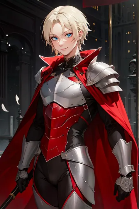 solo, <lora:ohisashiburi v2.0:0.7> (red theme:1.3),, absurdres, ultra detailed, masterpiece, best quality, aesthetic, detailed,, solo, smile, 1boy, blue eyes, medium blonde hair, parted bangs, hair intakes, male focus, muscular male,, armor, pauldrons, cuirass, gauntlets, waist cape, greaves, black bodysuit, surcoat, shoulder sash, wing shoulder armor, cape, pants,