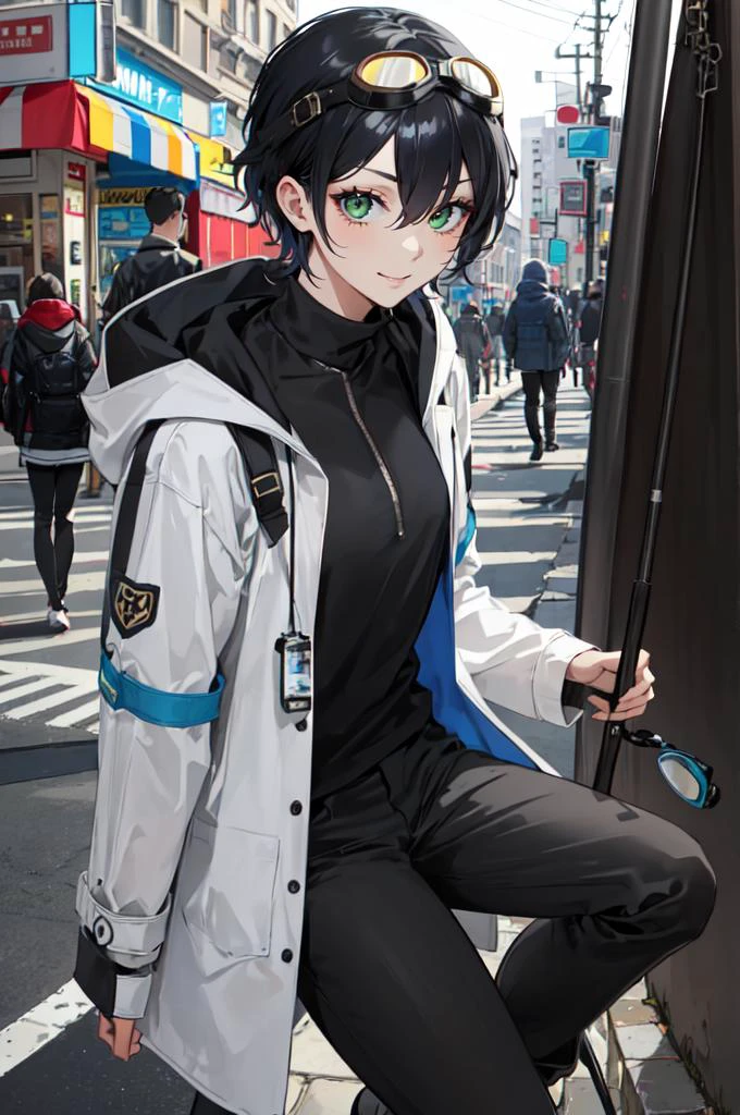 solo, <lora:ohisashiburi v2.0:0.7> (goggles on head, 1boy, black hair:1.4), blue theme,, absurdres, ultra detailed, masterpiece, best quality, aesthetic, detailed,, ultra detailed, masterpiece, best quality, solo, smile, 1boy, green eyes, short hair, black hair, bangs, hair between eyes, messy hair, (goggles on head:1.2),, headband, white coat, hooded coat, hood down, open coat, turtleneck, capri pants, pants, black knee boots,