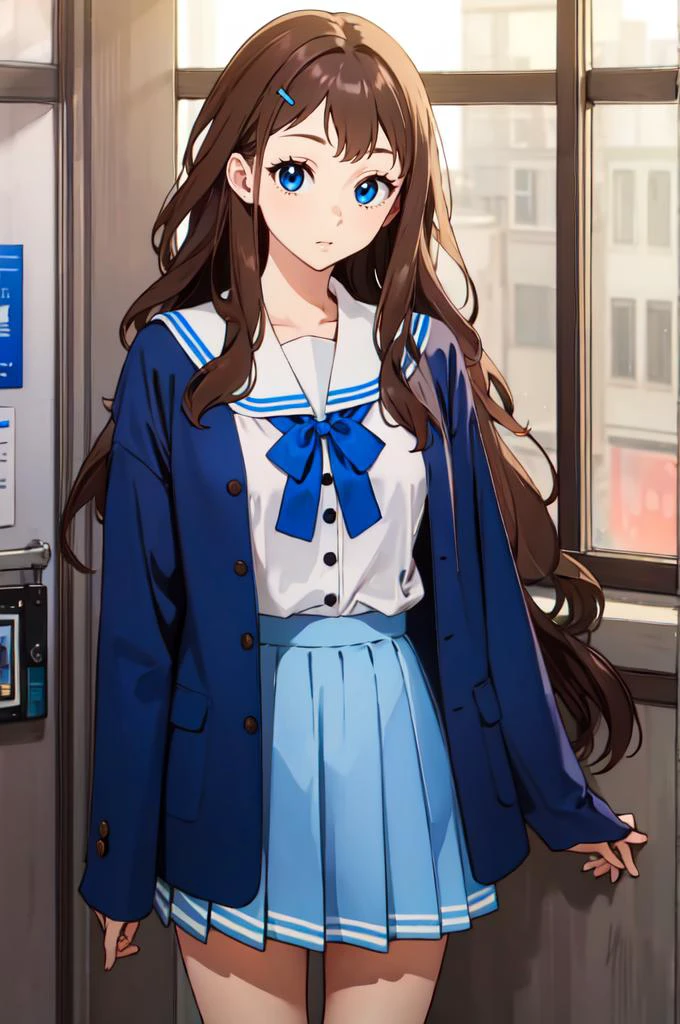 solo, <lora:ohisashiburi v2.0:0.7> <lora:ShindouAi-v1:0.35> ChopioShindouAi, brown hair, long hair, wavy hair, blue eyes, small breasts, outfit_1, blue jacket, serafuku, long sleeves, buttons, white shirt, white sailor collar, blue neck ribbon, pleated skirt, grey skirt, black kneehighs,, absurdres, ultra detailed, masterpiece, best quality, aesthetic, detailed,
