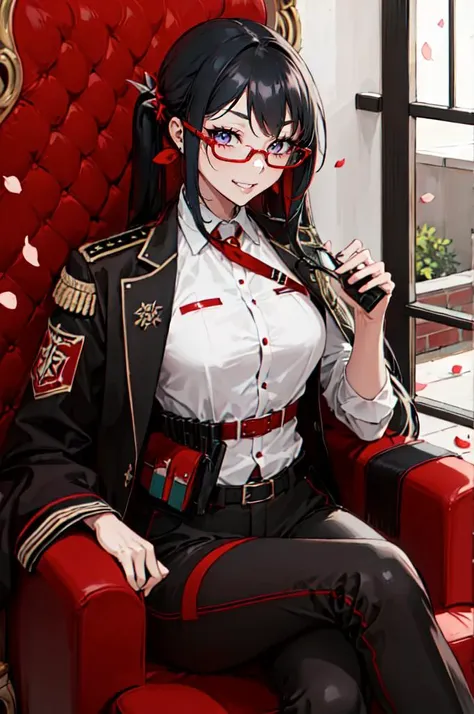 solo, <lora:ohisashiburi v2.0:0.75> (red-framed eyewear:1.4), sitting, crossed legs, throne room, red banner, falling petals,, absurdres, ultra detailed, masterpiece, best quality, aesthetic, detailed,, solo, smug smile, 1girl, purple eyes, red-framed eyewear, (black hair, red colored tips:1.2), red streaked hair, very long hair, side ponytail, tied hair, medium breasts,, <lora:StS-Coat-and-Jacket-On-Shoulders-Iteration2:0.7> dataset, jacket on shoulders, coat on shoulders, red dress, sleeves rolled up, fingerless gloves, holster, belt, multiple belts, combat boots, bulletproof vest, pants, black coat, tactical clothes,