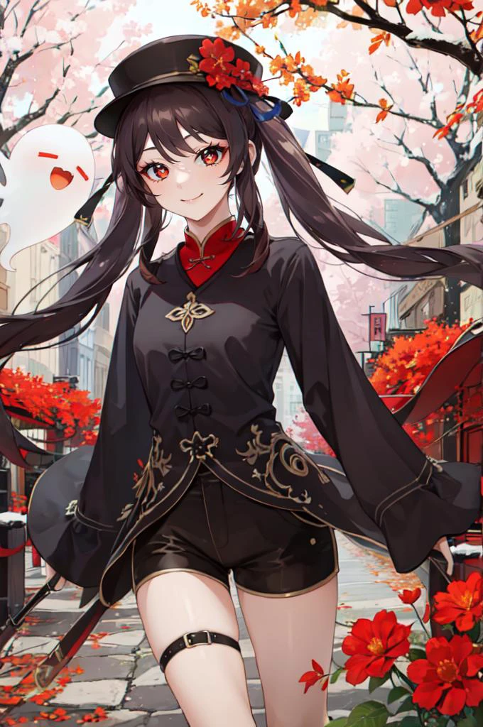 solo, <lora:ohisashiburi v2.0:0.7> <lora:Hu_Tao_Genshin:0.5> Hu_Tao_Genshin, 1girl, solo, long hair, red eyes, brown eyes, flower-shaped pupils, twintails, hu tao \(genshin impact\), hat, long sleeves, hat flower, jewelry, chinese clothes, shorts, smile, ghost, boo tao \(genshin impact\),, absurdres, ultra detailed, masterpiece, best quality, aesthetic, detailed,