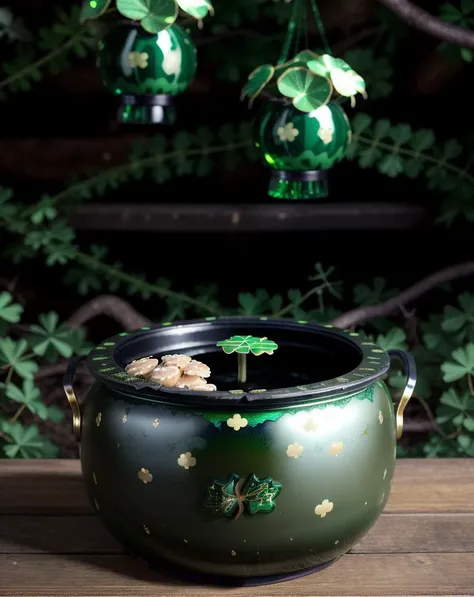cinematic photo  <lora:quiron_sainttPatrickDay_v2_Lora:0.87> saintPatDQuiron, brocade cracked kintsugi artistic, wet watercolor painting of beautiful mushroom in bonsai pot, double exposure on dark forest scenery, mesmerizing beauty, pretty features, iridescent, Luis Royo, Agnes Cecile, Ruan Jia, masterwork by head of prompt engineering,,  Saint Patrick's Day,  . 35mm photograph, film, bokeh, professional, 4k, highly detailed
