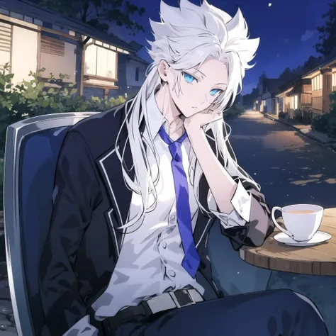 1boy, solo, male focus, white hair, necktie, spiked hair, long hair, blue eyes, collared shirt, expressionless, <lora:Nakroth:1>, sitting on chair, night, (village road:1.2)