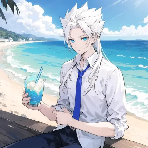 1boy, solo, male focus, white hair, necktie, spiked hair, long hair, blue eyes, collared shirt, expressionless, <lora:Nakroth:0.85>, sitting,beach,ocean,cup, drinking straw