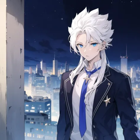 1boy, solo, male focus, white hair, necktie, spiked hair, long hair, blue eyes, collared shirt, <lora:Nakroth:1>,upper body, standing on the (skyline:cityscape:1.2), the night sky with stars and the milky, a photo by Fred A. Precht, featured on unsplash, space art, photo taken with ektachrome, nightscape, sense of awe