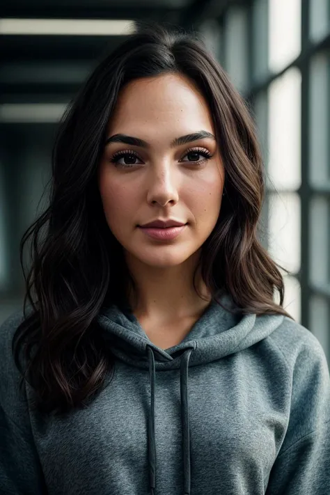 photo of beautiful (gg4d0t-130:0.99), a woman in a (industrial:1.1), perfect hair, wearing (sweatshirt:1.2), modelshoot style, (extremely detailed CG unity 8k wallpaper), professional majestic (photography by  helmut newton:1.1), (Lubitel 2), 24mm, exposure blend, hdr, faded, extremely intricate, High Detail, Sharp focus, dramatic, soft cinematic light, (looking at viewer), (detailed pupils), cute smile, 24mm, 4k textures, soft cinematic light, adobe lightroom, photolab, elegant, ((((cinematic look)))), soothing tones, insane details, hyperdetailed, low contrast