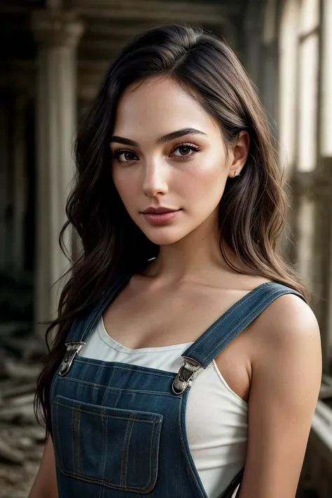 photo of beautiful (gg4d0t-130:0.99), a woman in a (ruins:1.1), perfect hair, wearing (overalls:1.2), modelshoot style, (extremely detailed CG unity 8k wallpaper), professional majestic (photography by yousuf karsh:1.1), (Kodak PIXPRO AZ252 16.15MP Digital Camera), 24mm, exposure blend, hdr, faded, extremely intricate, High Detail, Sharp focus, dramatic, soft cinematic light, (looking at viewer), (detailed pupils), cute smile, 24mm, 4k textures, soft cinematic light, adobe lightroom, photolab, elegant, ((((cinematic look)))), soothing tones, insane details, hyperdetailed, low contrast