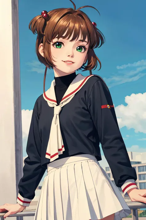 kinomoto sakura, 1girl, brown hair, short hair, antenna hair, two side up, hair bobbles, green eyes, school uniform, white sailor collar, black shirt, long sleeves, white skirt, pleated skirt
(best quality, masterpiece, RAW photo,ultra-detailed:1.2), <lyco:GoodHands-beta2:1.0>,1girl,solo,looking at viewer,smile
 <lyco:kinomoto_sakura_v1:1.0> <lyco:de-anime-er_v10:0.2>